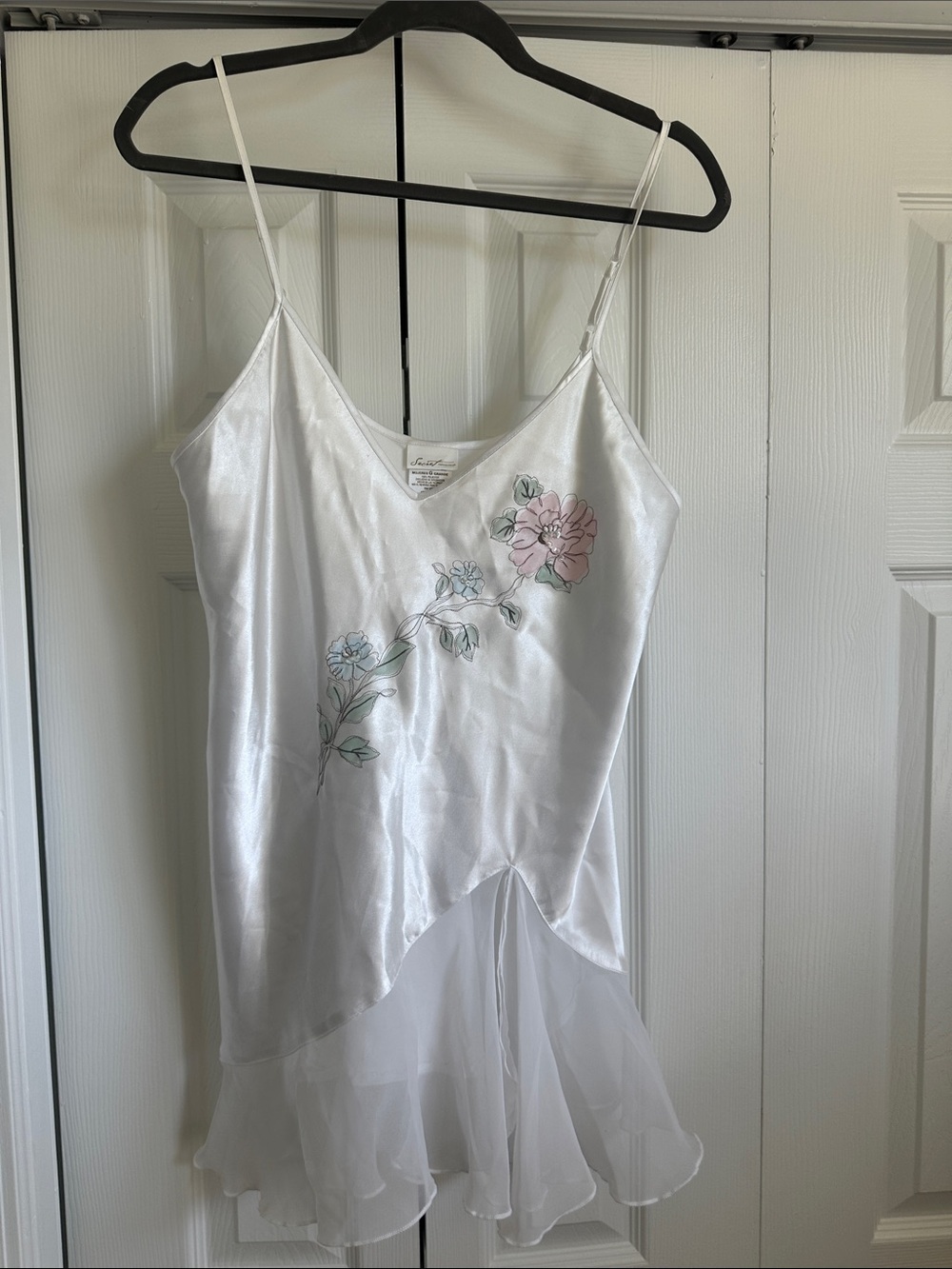 Secret Treasures White Satin Chemise with Pink & Blue Floral Embroidery